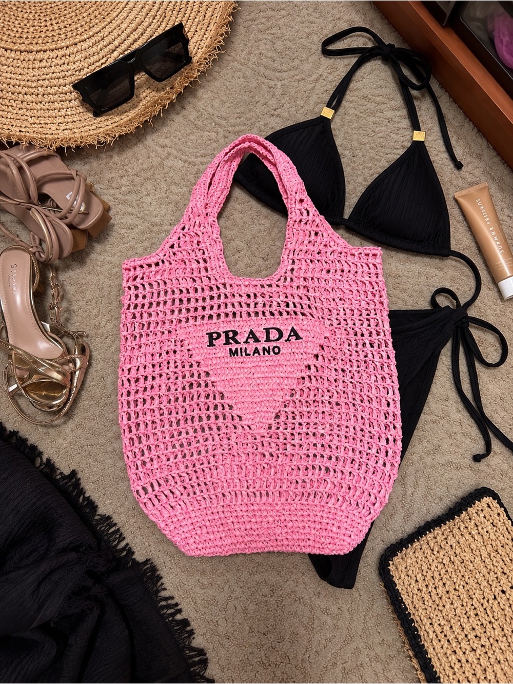 Prada Pink Crochet Beach Bag